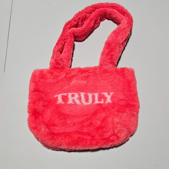 Truly Beauty Mini Tote Purse Pink Fuzzy Plush Faux Fur Cosmetic Bag Lined Y2K - Picture 1 of 4